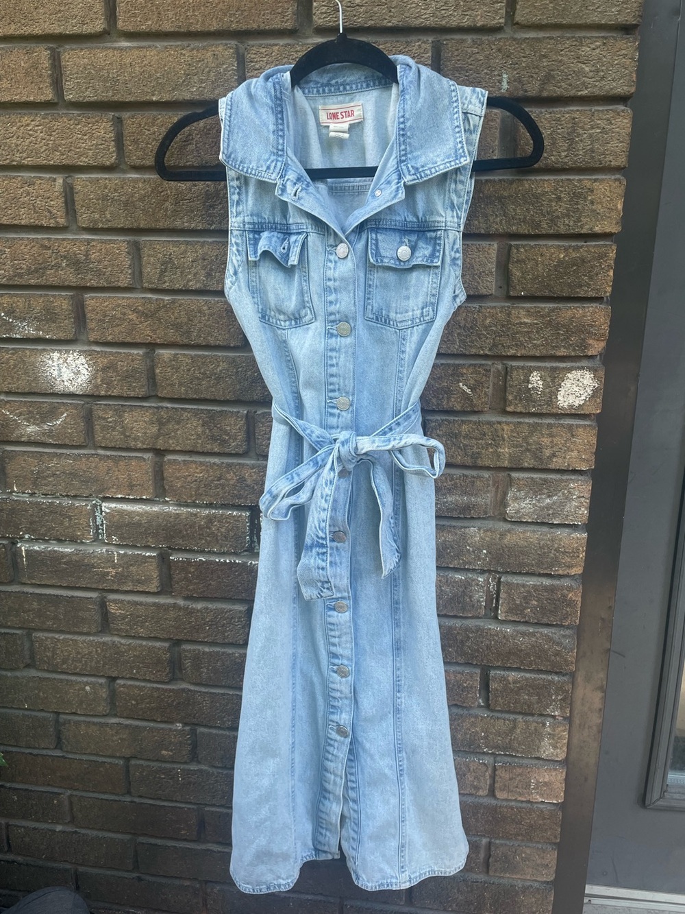 Light Blue Sleeveless Denim Midi Dress with Tie Belt